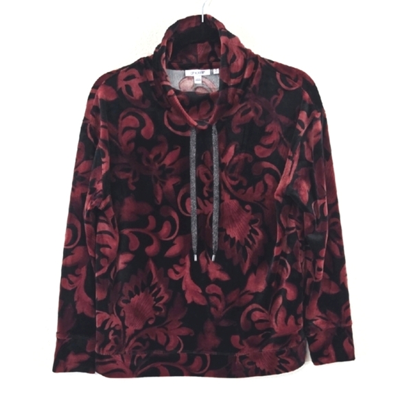 Chico's Red/Black Velvety Soft Velour Funnel Neck Long Sleeve Top, 0 (Small) - Picture 1 of 6